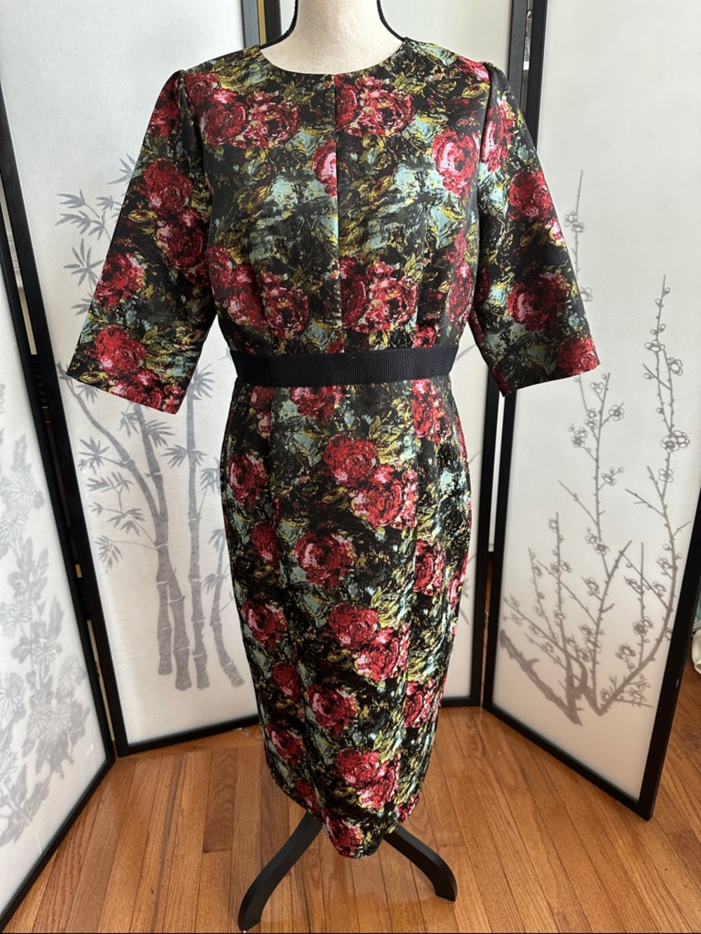 New York & Company Black Floral Jacquard Midi Dress with Red Roses